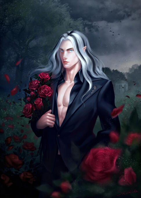 Elf with rose bouquet