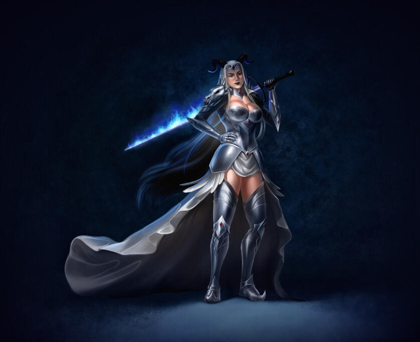 Armored Maiden Fantasy illustration Woman with flaming sword