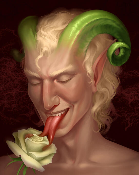 DnD character portrait Tiefling with green horns, keep a white rose