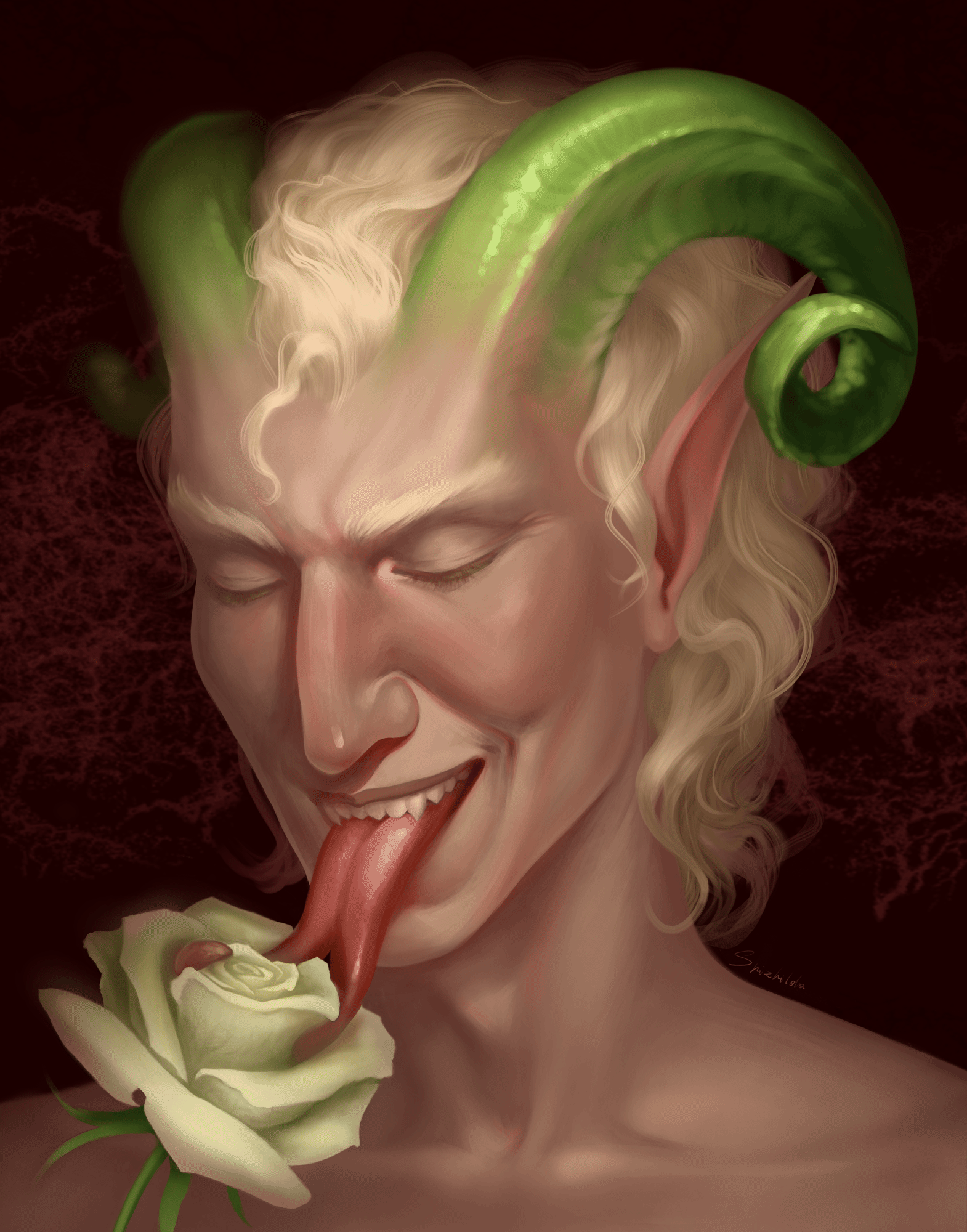 Tiefling with green horns, keep a white rose